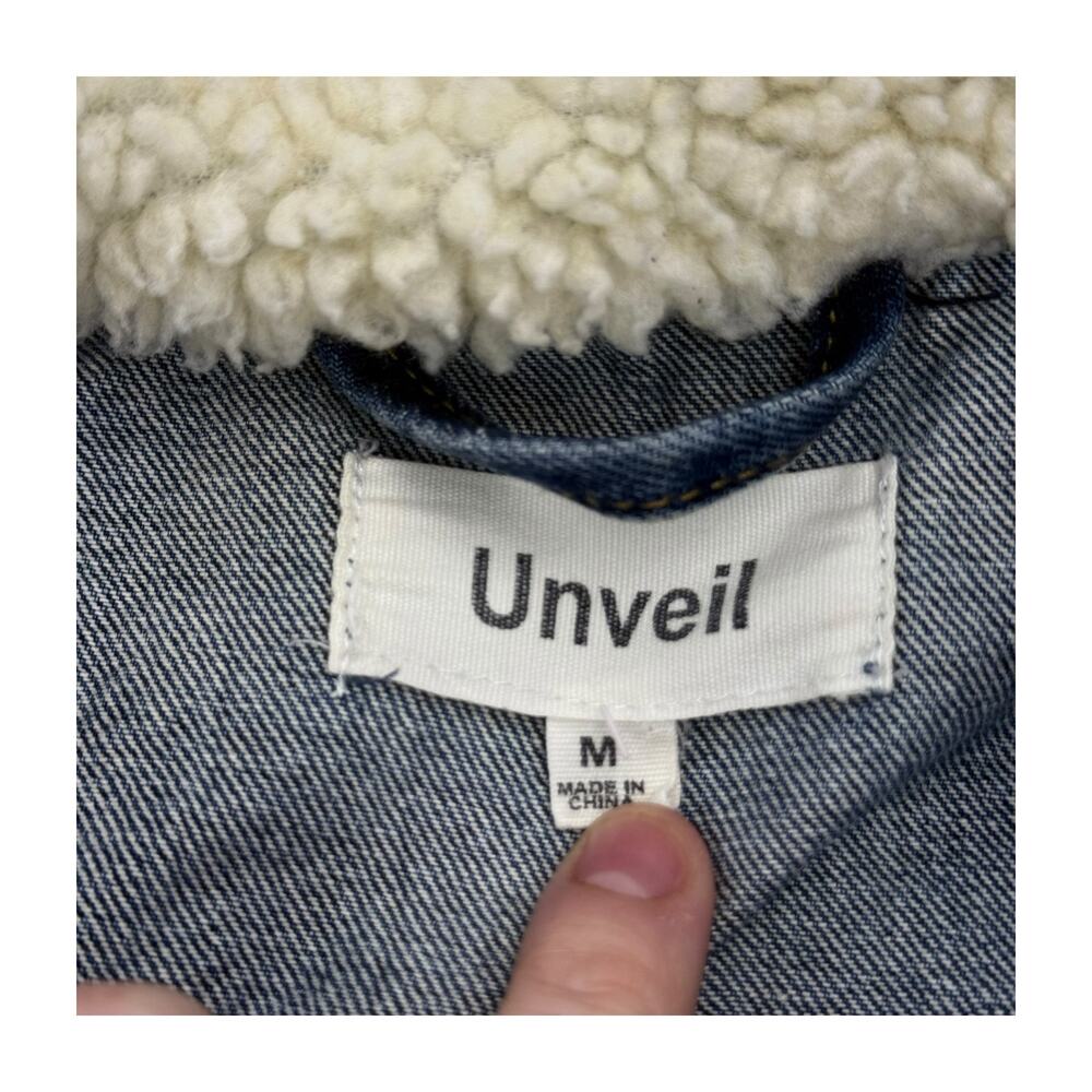 Unveil Sherpa Collar Denim Trucker Jacket Medium Blue Wash Fleece Lined - Picture 2 of 8